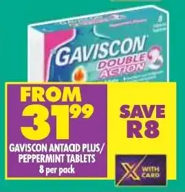 Shoprite GAVISCON ANTACID PLUS/ PEPPERMINT TABLETS 8 per pack offer