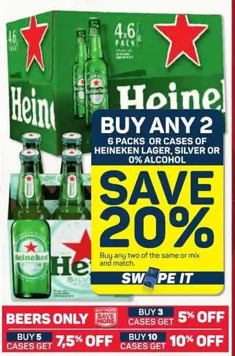 Pick n Pay BUY ANY 2 6 PACKS OR CASES OF HEINEKEN LAGER, SILVER OR 0% ALCOHOL offer