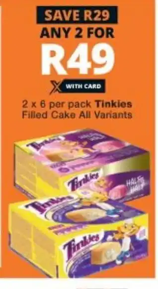 Checkers 2x6 per pack Tinkies Filled Cake All Variants offer