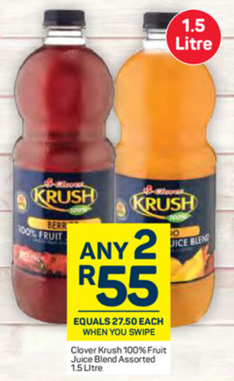 Pick n Pay Clover Krush 100% Fruit Juice Blend Assorted 1.5L offer