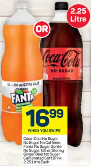 Pick n Pay Coca-Cola No Sugar, No Sugar No Caffeine, Fanta No Sugar, Tab or Stoney Ginger Beer No Sugar Carbonated Soft Drink 2.25 Litre offer