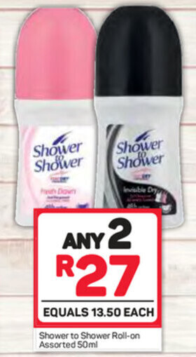 Pick n Pay Shower to Shower Roll-on Assorted 50ml offer