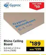 Builders Warehouse Gyproc rhino ceiling board 6.4mm x 1.2m x 3.0m offer