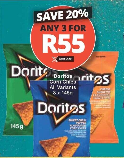 Doritos Corn Chips All Variants 3 x 145g offer at Checkers