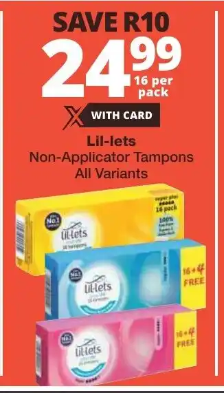 Checkers Lil-lets Non-Applicator Tampons All Variants offer