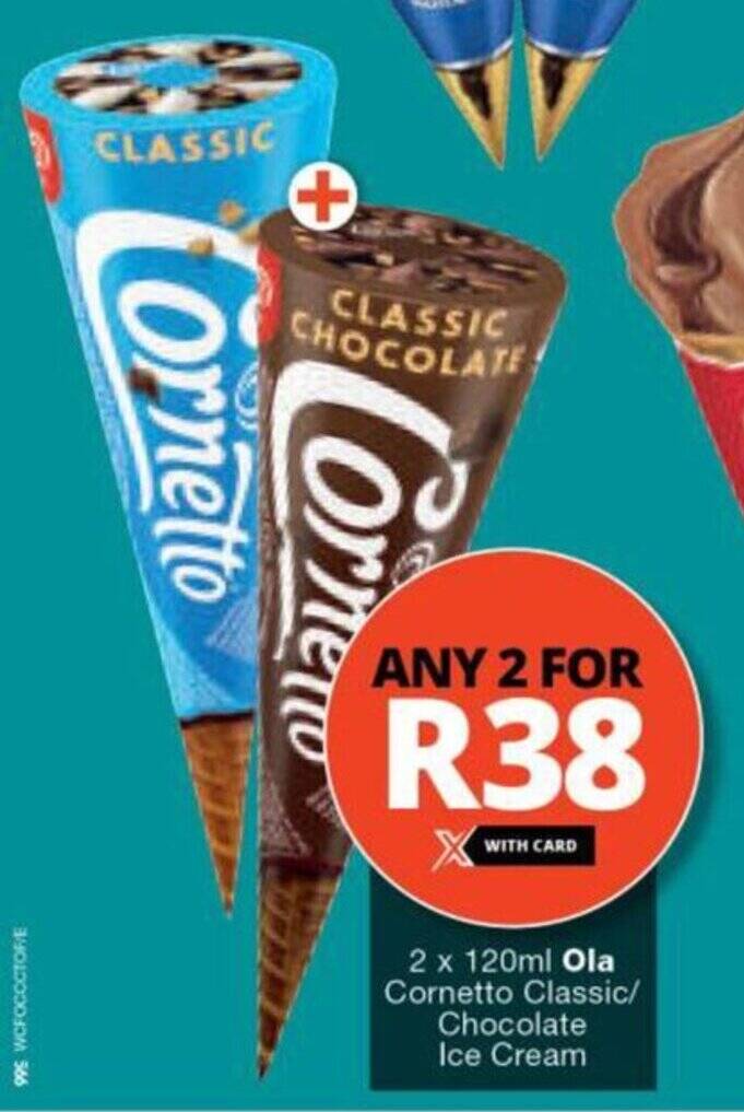Checkers Hyper 2 x 120ml Ola Cornetto Classic/ Chocolate Ice Cream offer