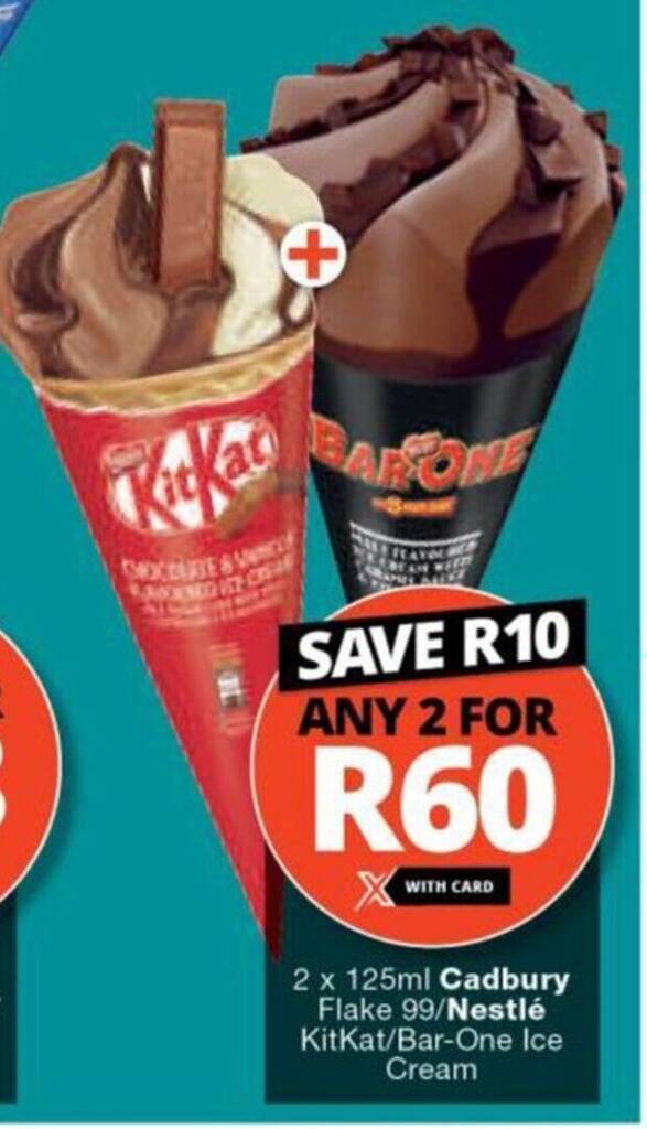Checkers Hyper 2 x 125ml Cadbury Flake 99/Nestlé KitKat/Bar-One Ice Cream offer