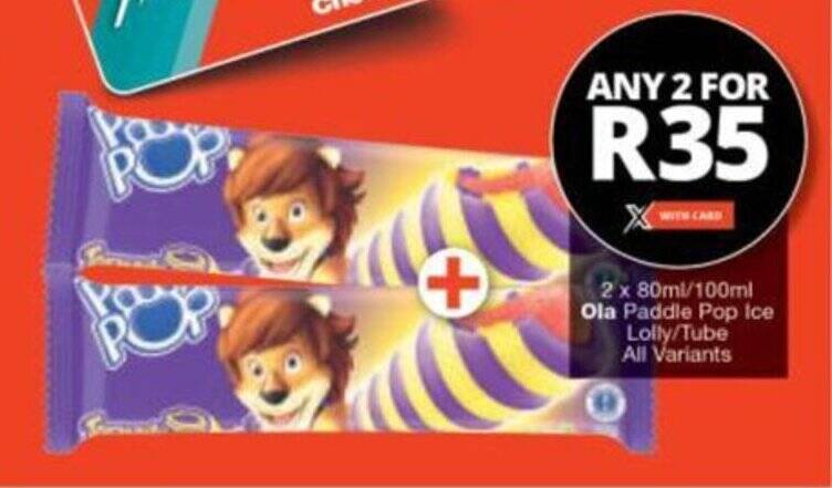 Checkers Hyper 2 x 80ml/100ml Ola Paddle Pop Ice Lolly/Tube All Variants offer
