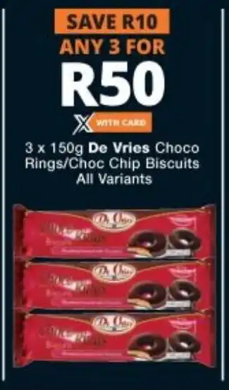 Checkers 3x150g De Vries Choco Rings/Choc Chip Biscuits All Variant offer