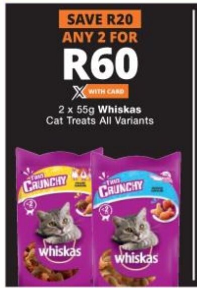 Checkers 2x55g Whiskas Cat Treats All Variants offer