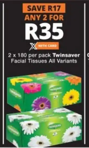 Checkers 2x180 per pack Twinsaver Facial Tissues All Variants offer