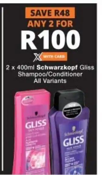 2x400ml Schwarzkopf Gliss Shampoo/Conditioner All Variants