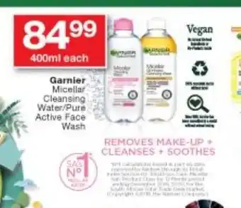Checkers Garnier Micellar Cleansing Water/Pure Active Face Wash offer