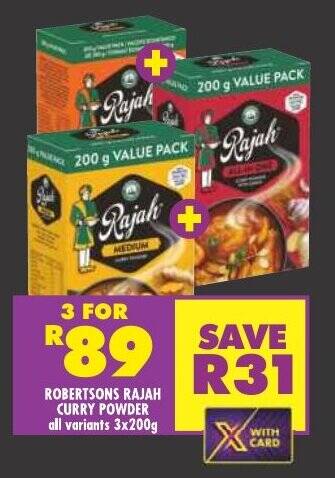 Shoprite ROBERTSONS RAJAH CURRY POWDER all variants 3x200g offer
