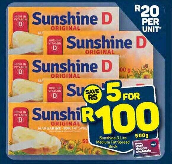 Sunshine D Lite Medium Fat Spread Brick offer at Pick n Pay
