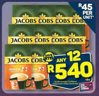 Pick n Pay Jacobs Instant Coffee or Cappuccino Stiks Assorted 10s offer