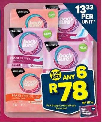 Pick n Pay PnP Body Sure Maxi Pads Assorted offer