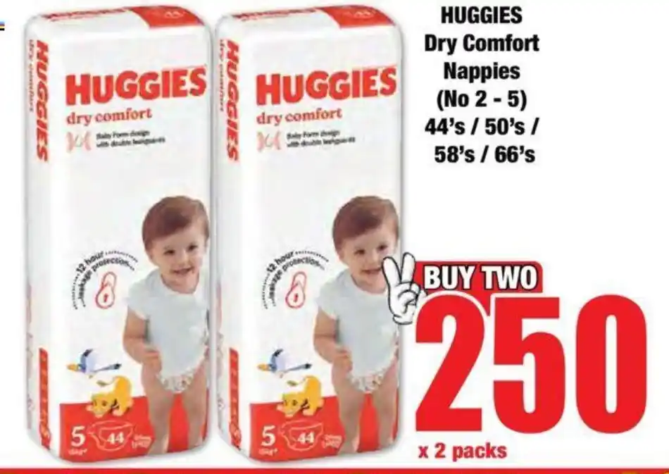 HUGGIES Dry Comfort Nappies (No 25) 44's/50's/ 58's/66's offer at Boxer