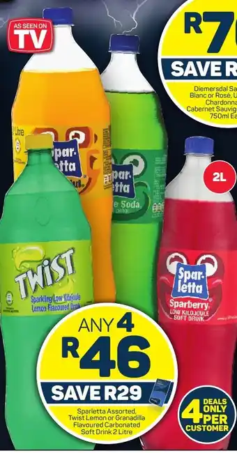 Sparletta Assorted, Twist Lemon or Granadilla Flavoured Carbonated Soft Drink 2 Litre