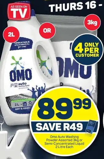 Pick n Pay Omo Auto Washing Powder Assorted 3kg or Semi-Concentrated Liquid 2 Litre Each offer