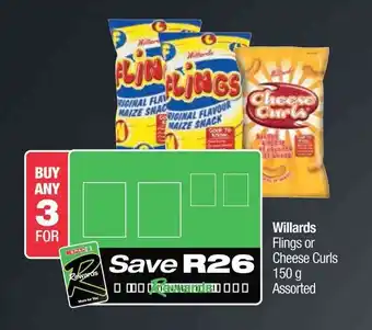 Spar Willards Flings or Cheese Curls 150g Assorted offer