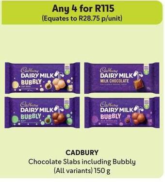 Makro CADBURY Chocolate Slabs including Bubbly (All variants) 150g offer
