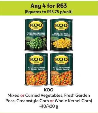 Makro KOO Mixed or Curried Vegetables, Fresh Garden Peas, Creamstyle Corn or Whole Kernel Corn) 410/420g offer