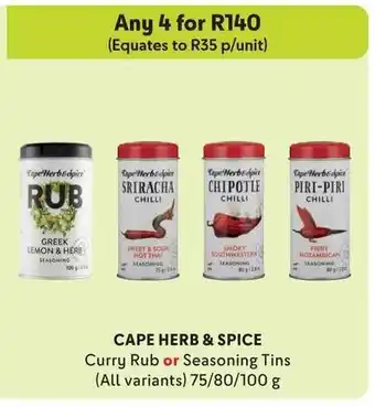 Makro CAPE HERB & SPICE Curry Rub or Seasoning Tins (All variants) 75/80/100g offer