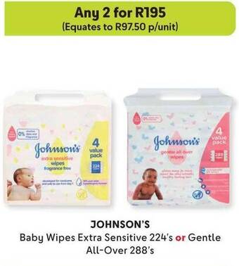 Makro JOHNSON'S Baby Wipes Extra Sensitive 224's or Gentle All-Over 288's offer