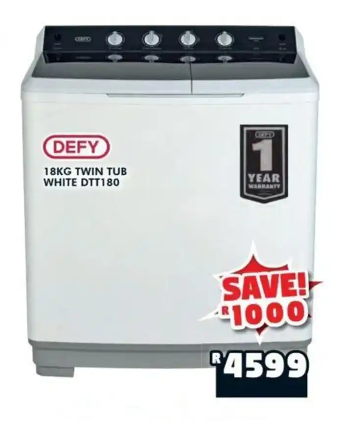 DEFY 18KG TWIN TUB WHITE DTT180 offer at Russells