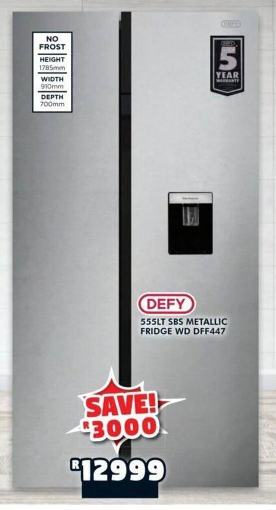 DEFY 555LT SBS METALLIC FRIDGE WD DFF447 offer at Russells