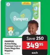 Makro Pampers active baby premium care or pants mega box nappies (all size)-each offer