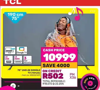 Game TCL 75" UHD 4K GOOGLE TV offer
