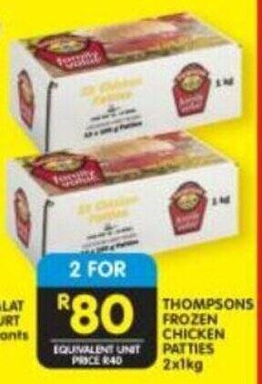 Shoprite THOMPSONS FROZEN CHICKEN PATTIES 2x1kg offer