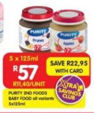 Shoprite PURITY 2ND FOODS BABY FOOD all variants 5x125ml offer