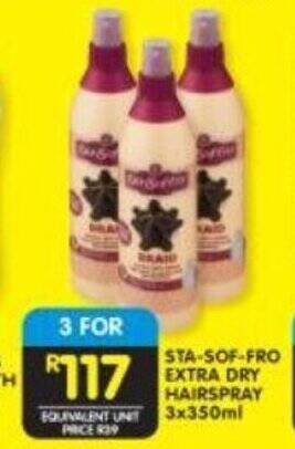 Shoprite STA-SOF-FRO EXTRA DRY HAIRSPRAY 3x350ml offer