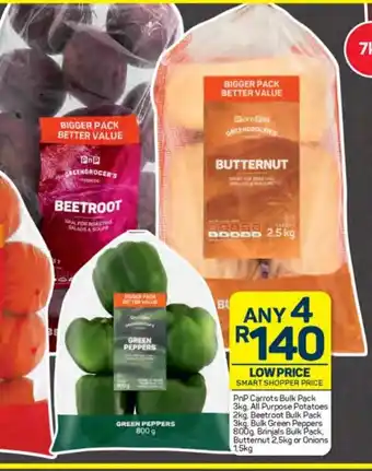 Pick n Pay PnP Carrots Bulk Pack, All Purpose Potatoes, Beetroot Bulk Pack, Bulk Green Peppers, Brinjals Bulk Pack, Butternut or Onions offer