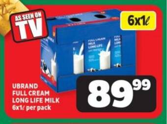 Usave UBRAND FULL CREAM LONG LIFE MILK 6x1L per pack offer