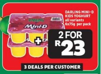 Usave DARLING MINI-D KIDS YOGHURT all variants 6x75g per pack offer