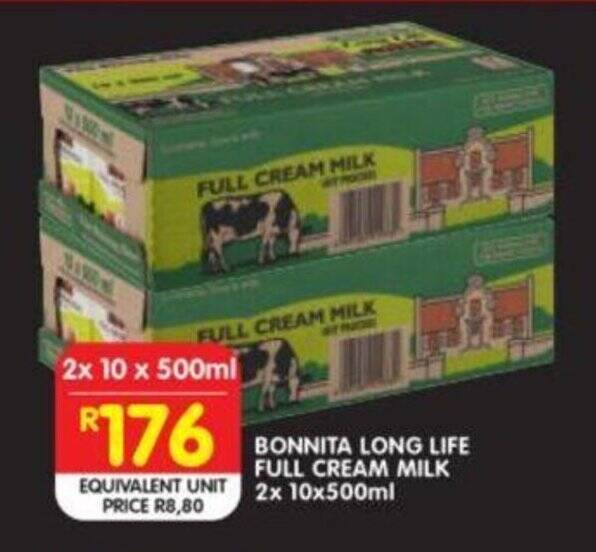 BONNITA LONG LIFE FULL CREAM MILK EQUIVALENT UNIT 2x 10x500ml offer at