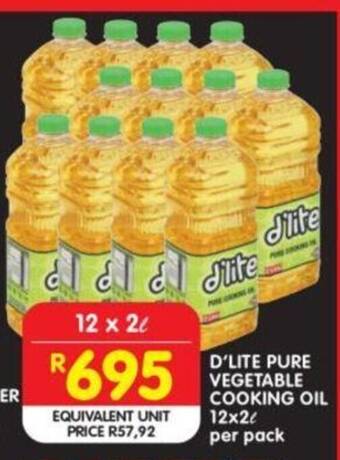 Shoprite D'LITE PURE VEGETABLE COOKING OIL 12x2L per pack offer