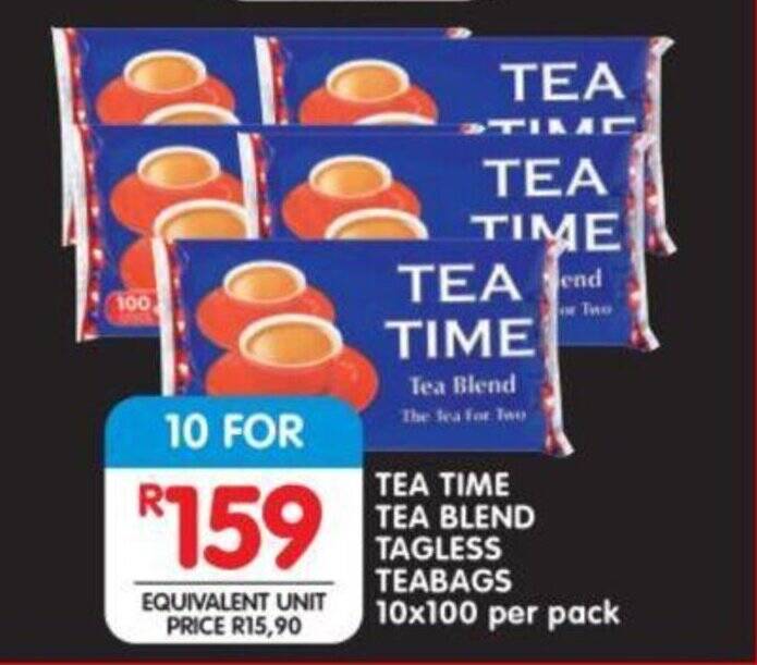TEA TIME TEA BLEND TAGLESS TEABAGS 10x100 per pack offer at Shoprite