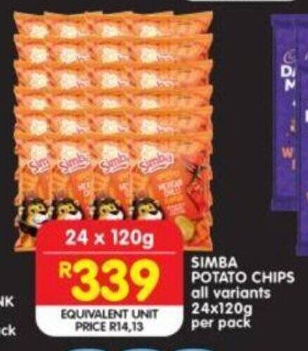 SIMBA POTATO CHIPS all variants 24x120g per pack offer at Shoprite