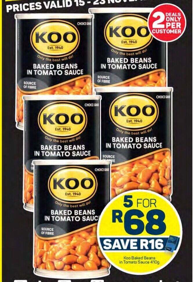 Koo Baked Beans in Tomato Sauce 410g offer at Pick n Pay