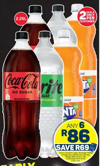 Pick n Pay Coca-Cola Zero, Light, No Sugar, Fanta Orange Zero, Sprite Zero, Stoney Ginger Beer Zero or Tab Carbonated Soft Drink 2.25L offer