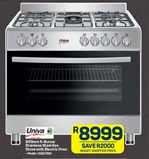 Univa 900mm 5Burner Stainless Steel Gas Stove with Electric Oven offer