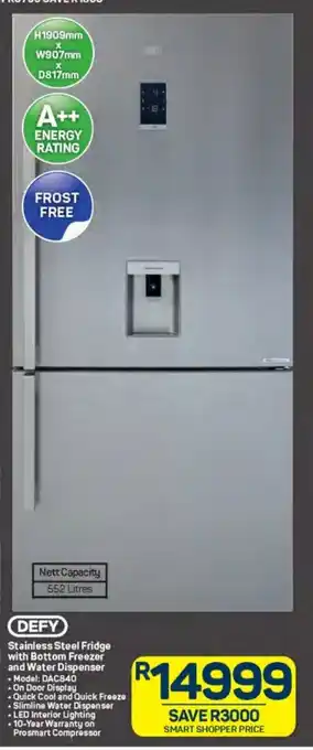 Pick n Pay DEFY Stainless Steel Fridge with Bottom Freezer and Water Dispenser offer