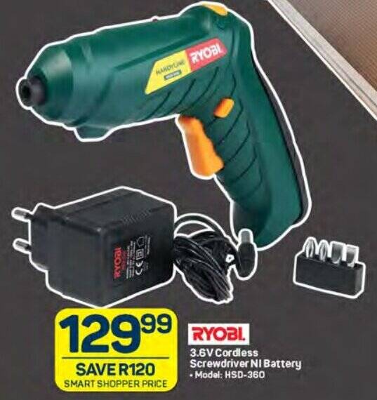 RYOBI 3.6V Cordless Screwdriver NI Battery offer at Pick n Pay