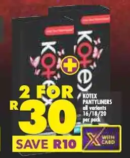 Shoprite KOTEX PANTYLINERS all variants 16/18/20 per pack offer