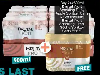 Checkers Buy 24x500ml Brutal fruit Sparkling Ruby Apple Spritzer Cans & Get 6x500ml Brutal fruit Sparkling Litchi Sèche Spritzer Cans offer